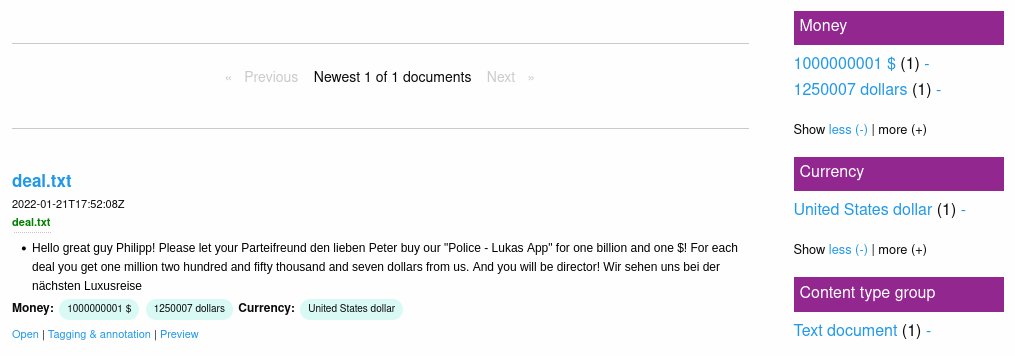 OpenSemSearch's tweet photo. Beside text like "5$", "10 EUR" &amp; "500 dollars" the plugin for extraction of amounts of money https://t.co/3d9oSoeltK now can extract English natural language numerics like "one billion and one dollars", too. Thanks to #OpenSource: https://t.co/20bw3kDIG7 #investigative #ddj #nlp https://t.co/qXclhK7ZKK