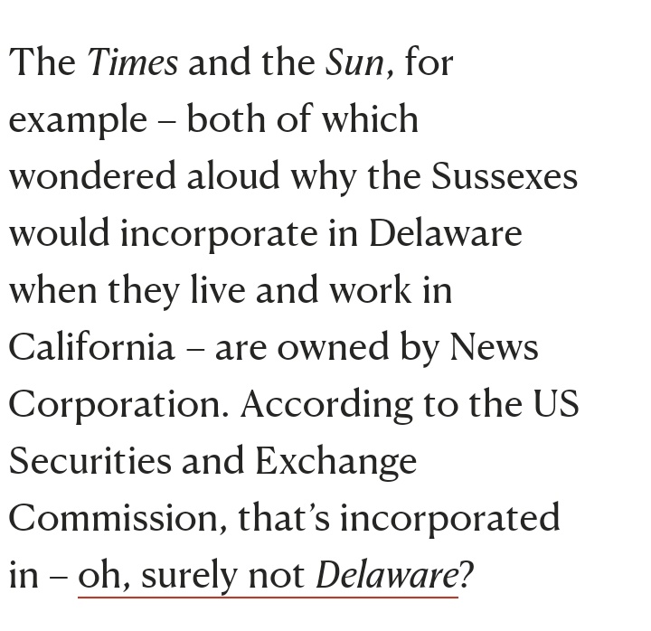 Murdoch papers The Times and the Sun are both incorporated in Delaware, while attacking #HarryandMeghan for doing the same. It in fact what most US businesses do. #MurdochGutterMedia
twitter.com/NewStatesman/s…