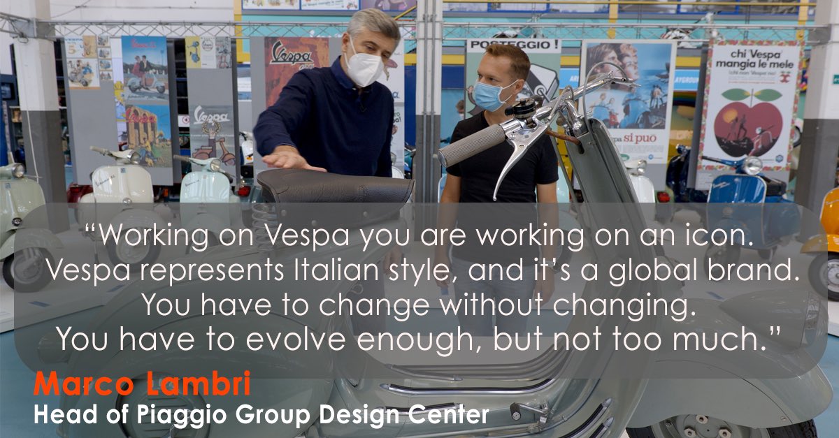 Industrial design is complicated. What do you do when you need to make drastic changes such as going all electric, but keep the unique 70s style? 
I went to <a href="/Piaggio_Group/">Piaggio Group</a> in Italy to find out!
Interview👉 youtu.be/BZMG4IQ_k5c
#vespa #InspiringQuotes