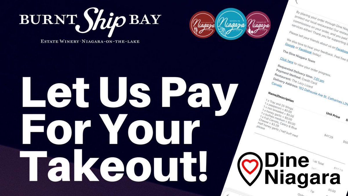 dine_niagara's tweet photo. Who doesn't love FREE FOOD!? Every Monday in January, our friends at @BurntShipBay will be paying the takeout bill for one lucky customer! Just take a screen shot of your Dine Niagara order confirmation and upload it to https://t.co/jhWSMRZz8o to enter! #supportlocal #niagara https://t.co/oURnxpFeqM