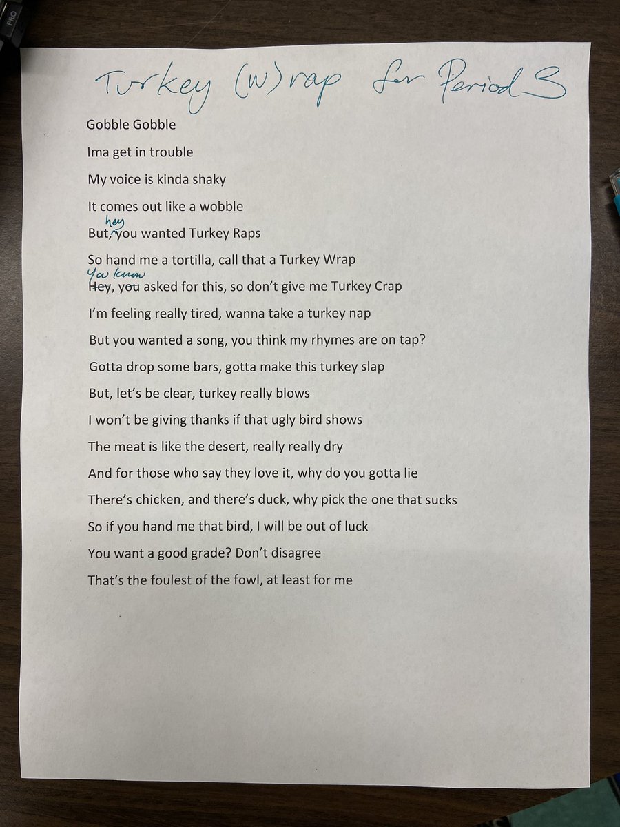 msbonkinator's tweet photo. Classroom Relationship building sometimes looks like writing a rap about Turkey 😅 happy Friday! https://t.co/ZVgwDTulcf