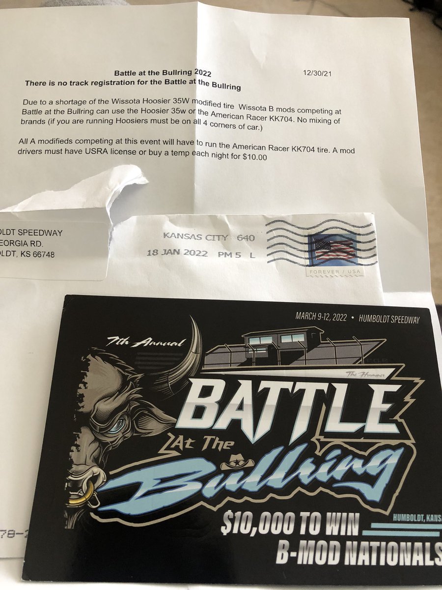 wheelerred1's tweet photo. @HumboldtSpdwy We planned on running as a USRA car regardless but here it is in the mail! It official WISSOTA BMODS you can run Americans.   See you there at Humboldt Speedway less than 6 weeks 🏁🇺🇸💴 https://t.co/kh5pn1MStd