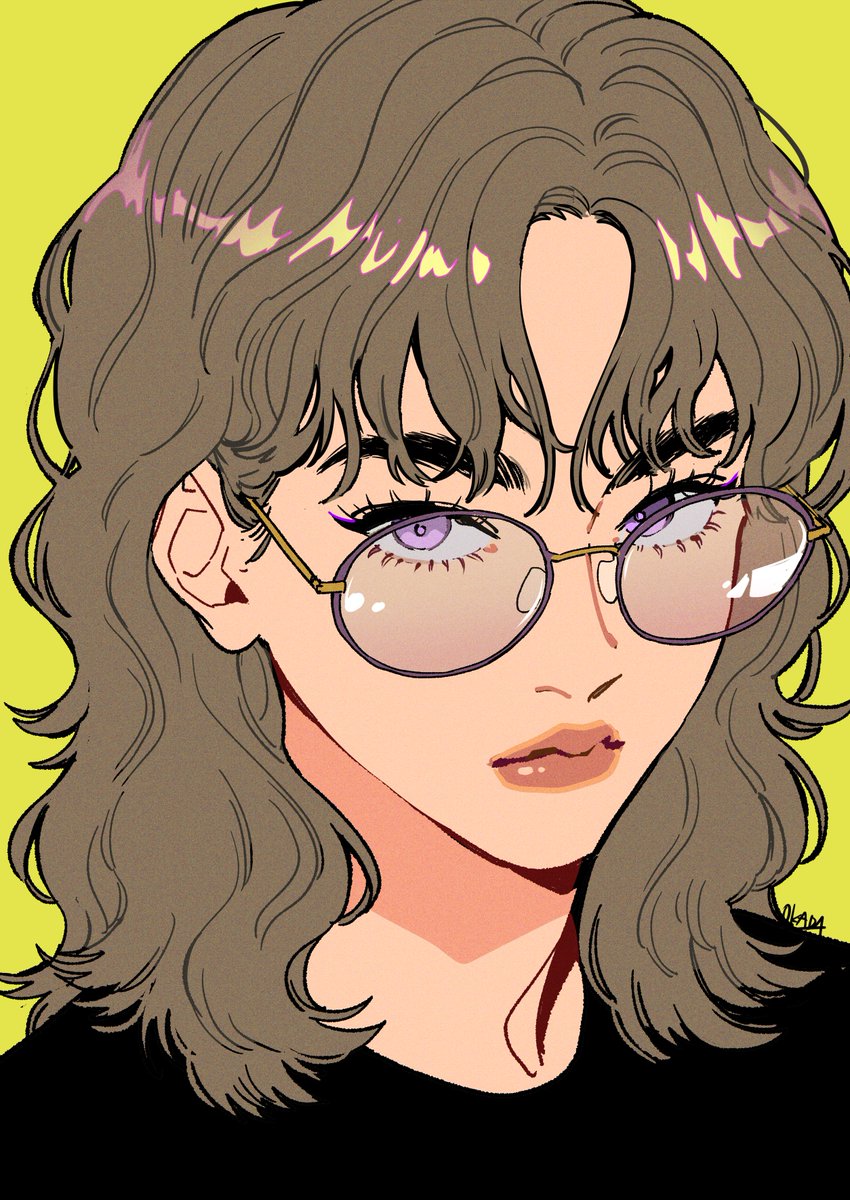 1girl solo simple background purple eyes portrait glasses brown hair  illustration images