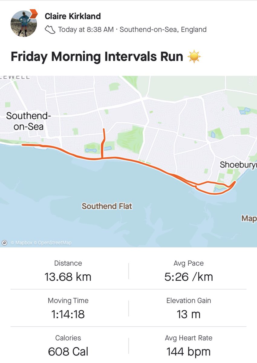 cK_Kirkland's tweet photo. First effort session of the week - decided to do some longer then shorter intervals. Enjoyed this run thanks to the glorious sunshine βοΈ managed to achieve the pace that was planned too which was a bonus βΊοΈ #ukrunchat #running #Southend #intervals #effortsession https://t.co/jplnJiATOW
