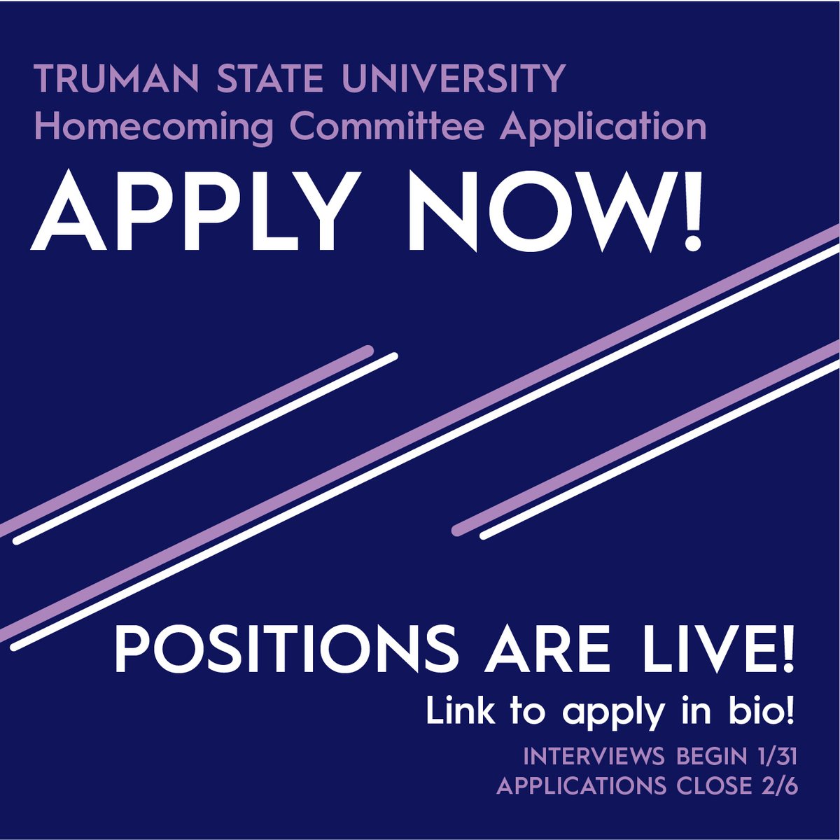 HomecomingTSU's tweet photo. Get excited for 2022 Homecoming! Committee applications are now live and will close February 6th. Apply now if you are interested in serving on the committee. Find the application and more details at https://t.co/zupBJjdjSR Email homecoming@truman.edu if you have any questions. https://t.co/8CQ81NLj6T