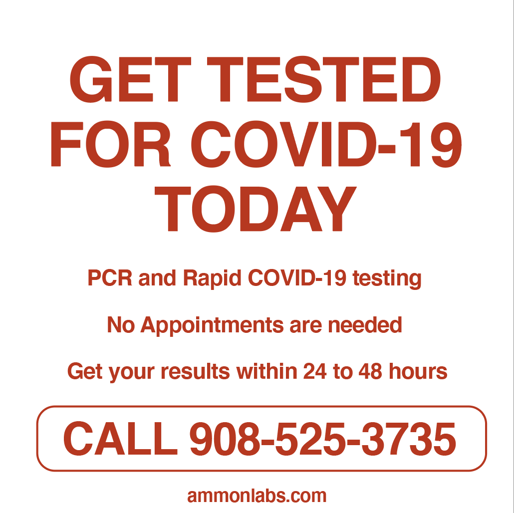 Get Tested Today - Ammon Labs is offering PCR and Rapid COVID-19 testing. No Appointments are needed, get your results within 24 to 48 hours.

Call: 908-525-3735
Email: covid@ammonlabs.com
