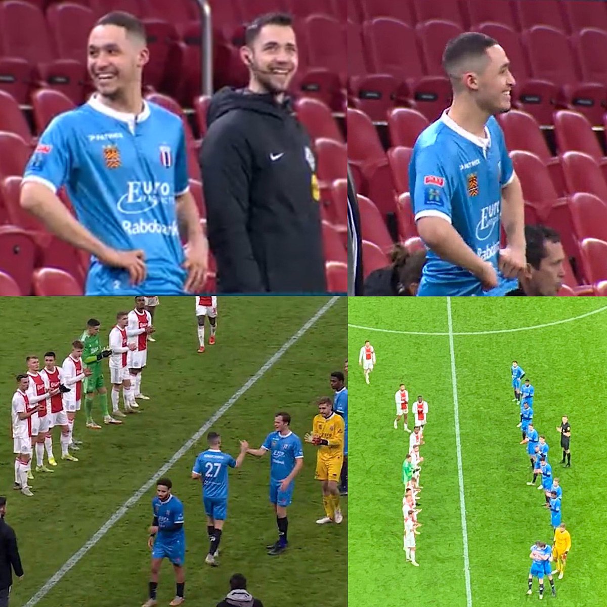 Juezcentral's tweet photo. Ayer. Ajax golea 9-0 al humilde Excelsior. Al minuto 89, entra Devin Plank,20 años, del Excelsior, que hace 2 meses terminó su última sesión de quimio contra un cáncer en el peroné. Sus compañeros y rivales interrumpen el partido para hacerle pasillo. Él se emociona. Qué lindo. https://t.co/r6o0lUS9Zk