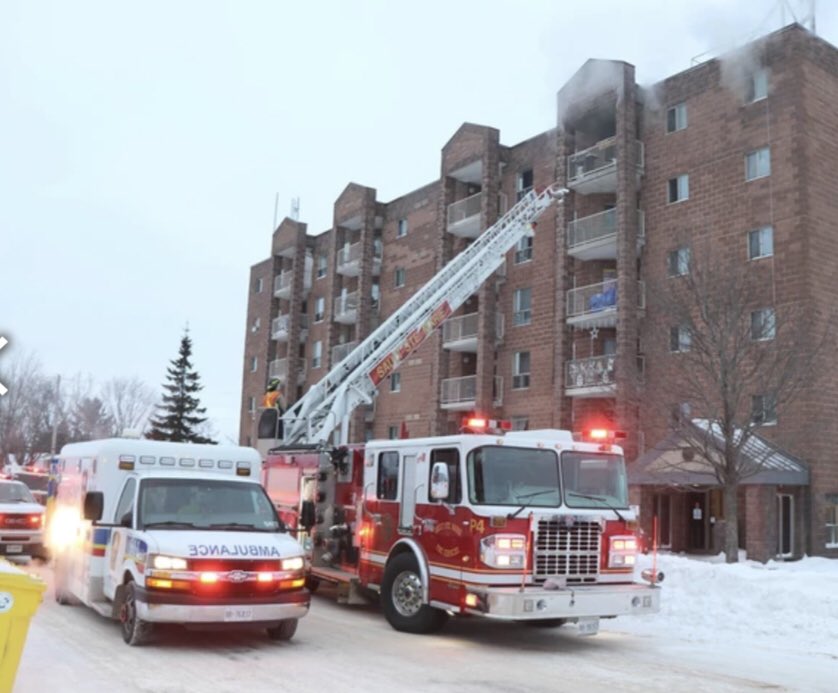 ChiefPJ's tweet photo. An unfortunate fire this morning on Allard St. Everyone is safe. Our Aerial was used to extract an occupant and bring them to safety. Exceptional effort from @SaultFire and our on-duty crews we appreciate the support from @SSM_Paramedics &amp; @SaultPolice https://t.co/xGISYEvnYL