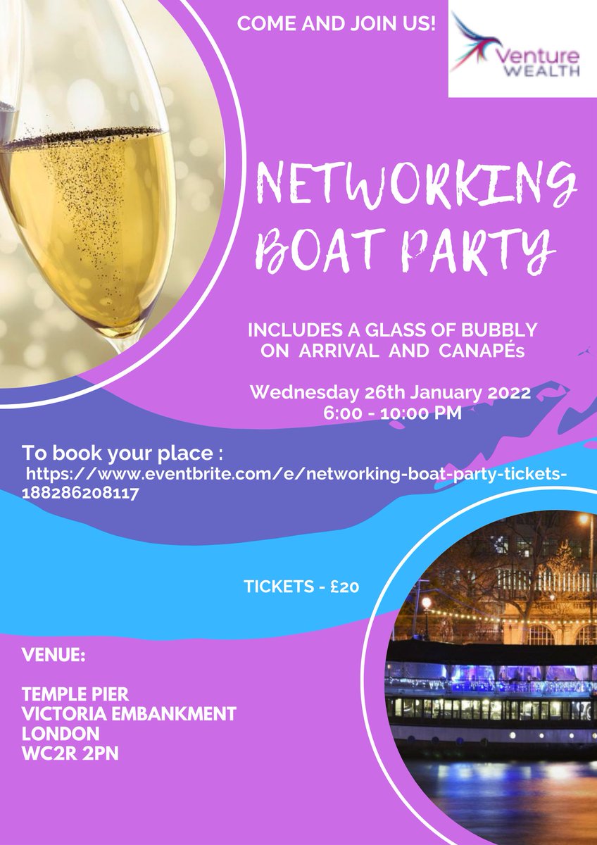 There is still time for you to book your tickets to the Venture Wealth Networking Party at Temple Pier!
You can book your tickets here: eventbrite.co.uk/.../networking…...
Departure is at: 18:30.
We look forward to welcoming you aboard!
#Networking #BoatParty #TheThames