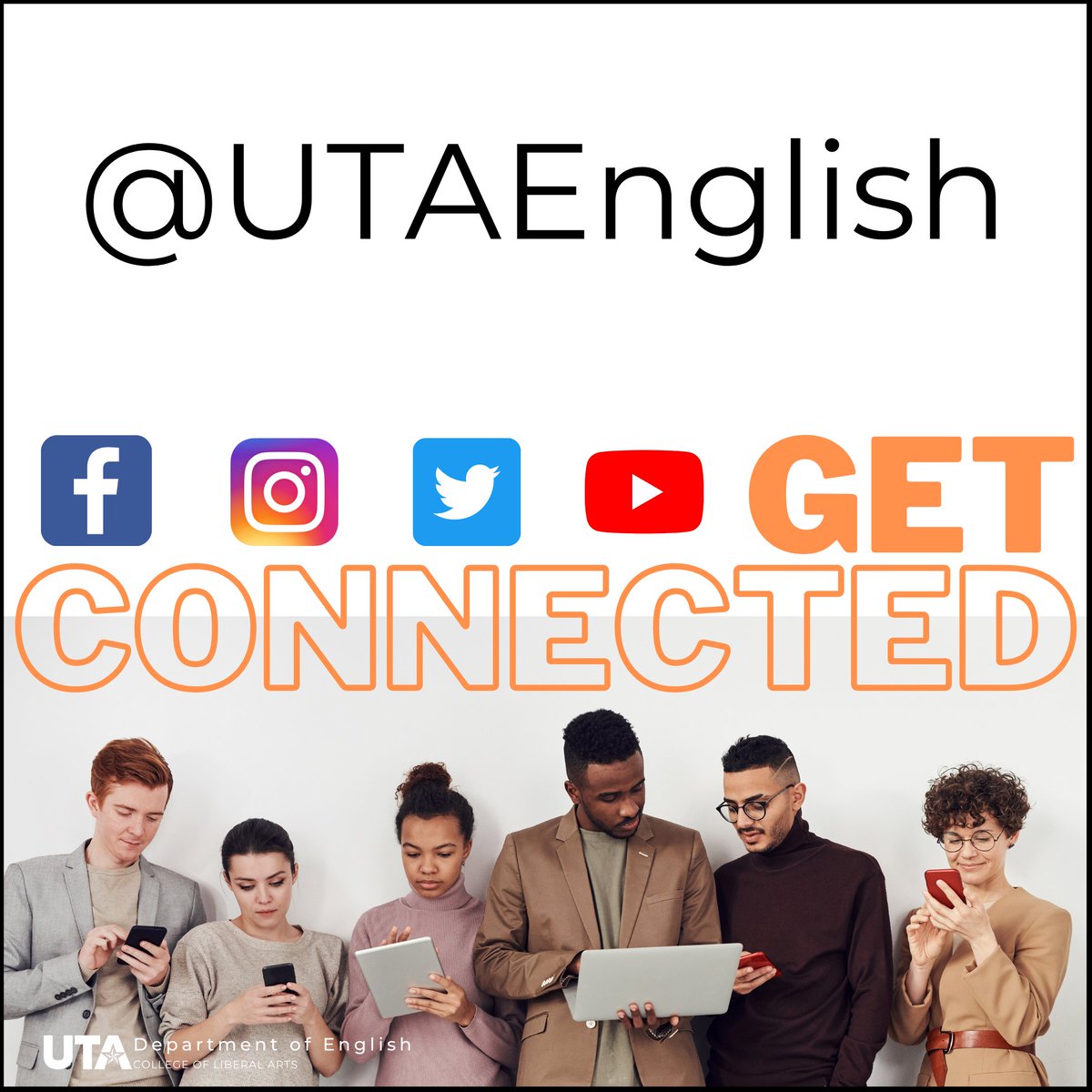 UTAEnglish's tweet photo. Get connected with UTA’s Department of English for the latest news, events, and resources throughout the semester. And tag us to let us know what’s going on with you this semester! We’re always excited to hear and share news from our students, faculty, staff, and alumni. https://t.co/hsLBdyWN1F