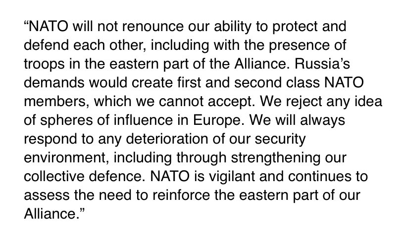 NATO rejects Russia’s demands to withdraw forces from Bulgaria and Romania, saying the alliance 'will not renounce its ability to protect and defend each other, including with the presence of troops in the eastern part of the Alliance.' Full statement 👇