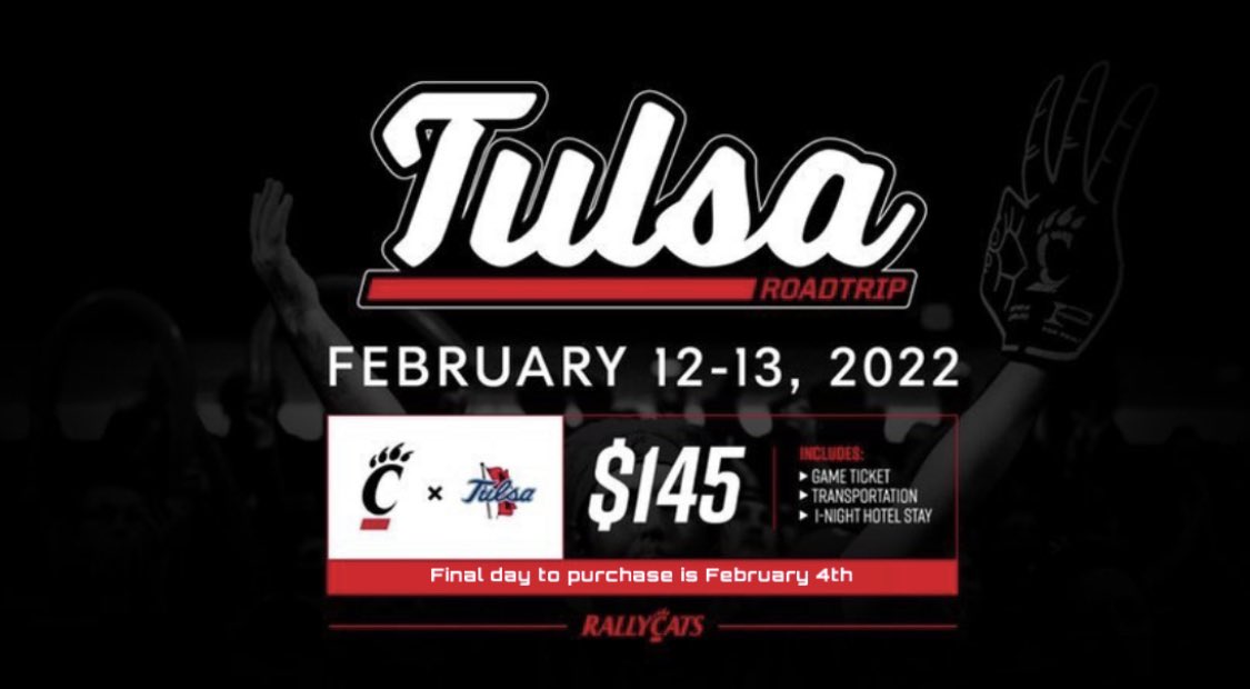 UCRallyCats's tweet photo. You watched @GoBearcatsMBB beat Tulsa last night at home, now join us to watch them beat Tulsa on the road! 

Last day to purchase tickets is February 4th.

🎟: https://t.co/cllmyGkIui https://t.co/ksfGTeq3vp