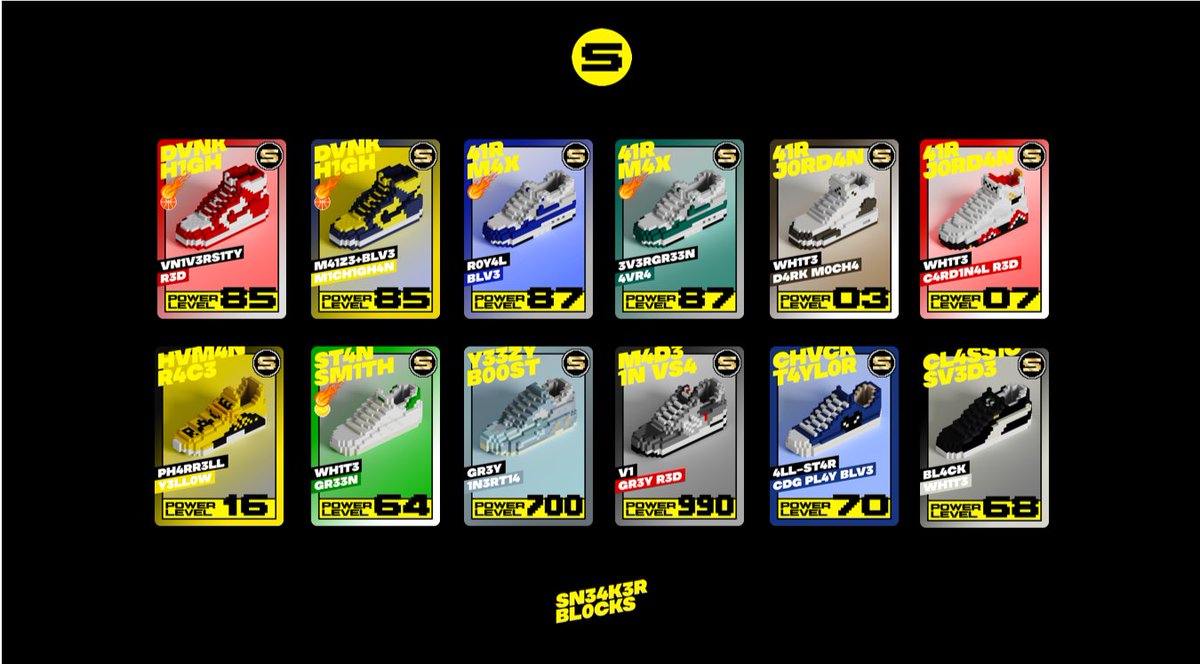 SneakerBlocks's tweet photo. Now 12 unique #NFTs in the #SneakerBlocks collection 🥳
https://t.co/K3zXg6XdNM

#nft #crypto #sneakers #cards #collection #airmax #jordan #dunk #yeezy https://t.co/HzsuCWYvaH
