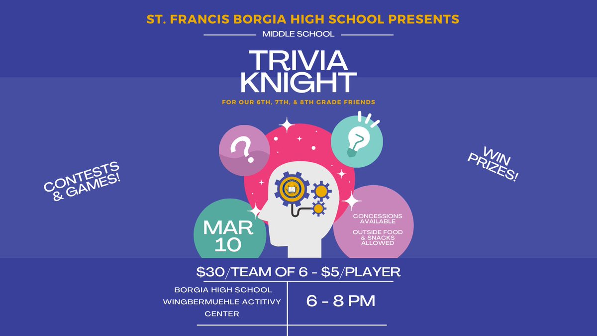 BorgiaHS's tweet photo. Our Middle School #TriviaKnight has been rescheduled! We are looking forward to a "Knight" of fun, friendship, &amp; games this March. Register your team or student here: https://t.co/jgikILR9D0
#ReTweet https://t.co/RUCzVcdsnz