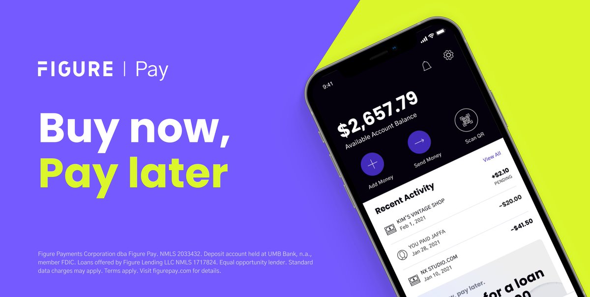 Figure's tweet photo. Getting access to credit can be hard, but Figure Pay is here to help.* With Figure Pay's buy now pay later loans (up to $2500), you can repay over time with simple interest. Download Figure Pay to get started. Download today!
https://t.co/kRZWy8VayD
#FigureTechnology #BNPL https://t.co/KVQyf0ki45