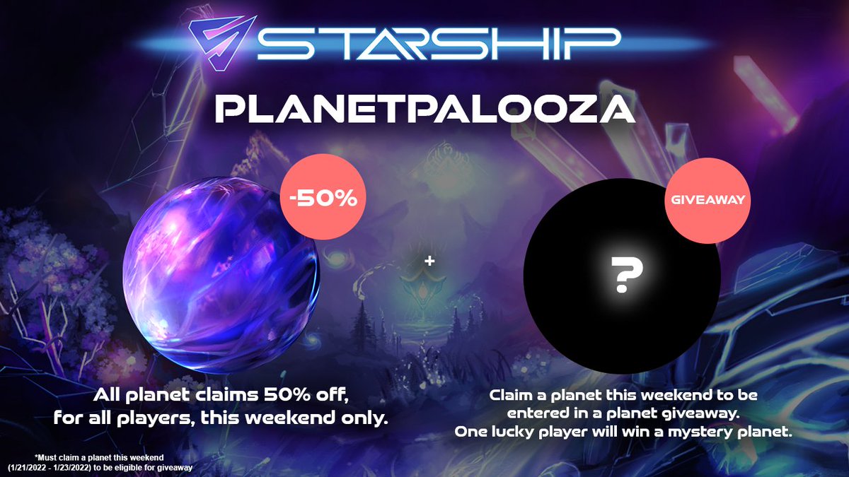 DeployStarShip's tweet photo. We're excited to announce Planetpalooza, in the StarShip #NFTGame!

This weekend only, all planet claims are 50% off, with a special planet giveaway for players who participated!

Take advantage of Planetpalooza, start playing now: https://t.co/bj5RoCSWcl

#DeployStarship #P2E https://t.co/NkjR1G9ss5