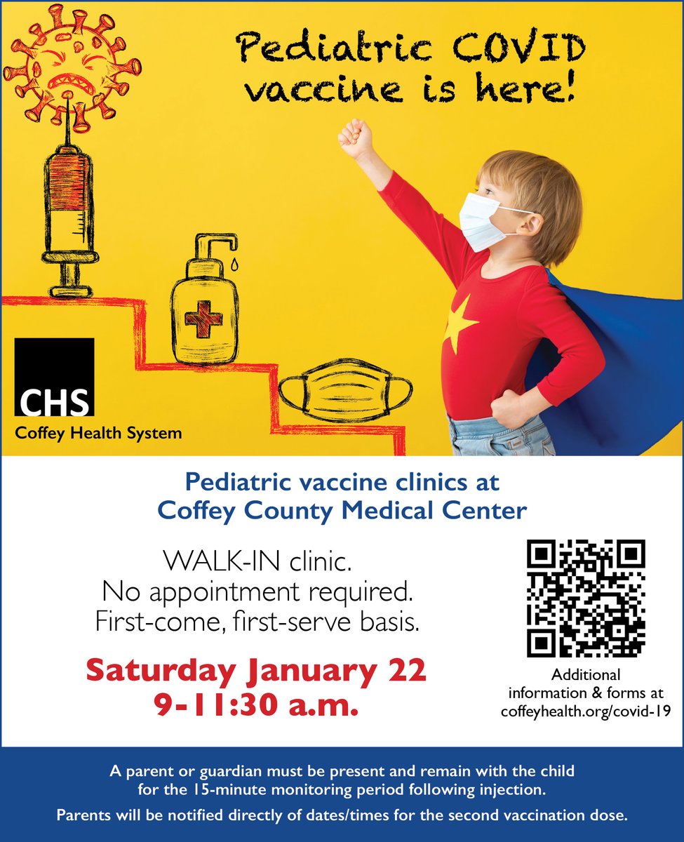 We have good news for parents who choose to have their children vaccinated against COVID-19. We have a walk-in clinic tomorrow, Saturday, Jan. 22, from 9-11:30 a.m. at Coffey County Medical Center in Burlington. For more information, visit coffeyhealth.org/covid-19/.