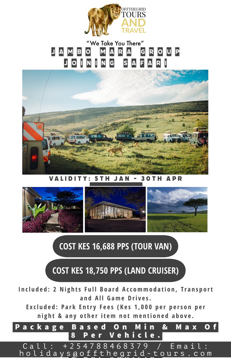 OffthegridT's tweet photo. We have amazing  deals to Maasai Mara for  3 days &amp; 2 Nights from Kes 16,688 Per Person Sharing.

Book Your Spot Now For On Weekly Weekend Departures!!!
#MagicalKenya #OFFTHEGRIDTOURS #JamboMara

Call: +254788468379
Email: holidays@offthegrid-tours.com https://t.co/XBmyGKoYuw