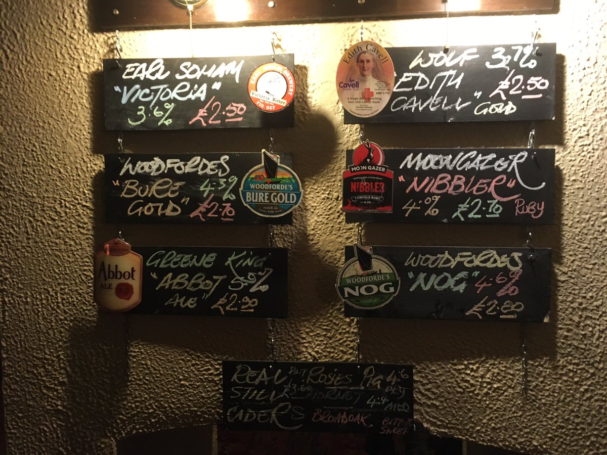 Busy 2nite, <a href="/WoodfordesBeer/">Woodforde's Brewery</a> Bure Gold &amp; Nog going well <a href="/norfolkbrewery/">Norfolk Brewery</a> Moongazer Nibbler,malty and full bodied. <a href="/WolfBrewery/">Wolf Brewery</a> Edith Cavell, still only £2.50. Lovely. <a href="/BreweryEarl/">Earl Soham Brewery</a> Victoria ABV 3.6%  &amp; still only £2.50.
