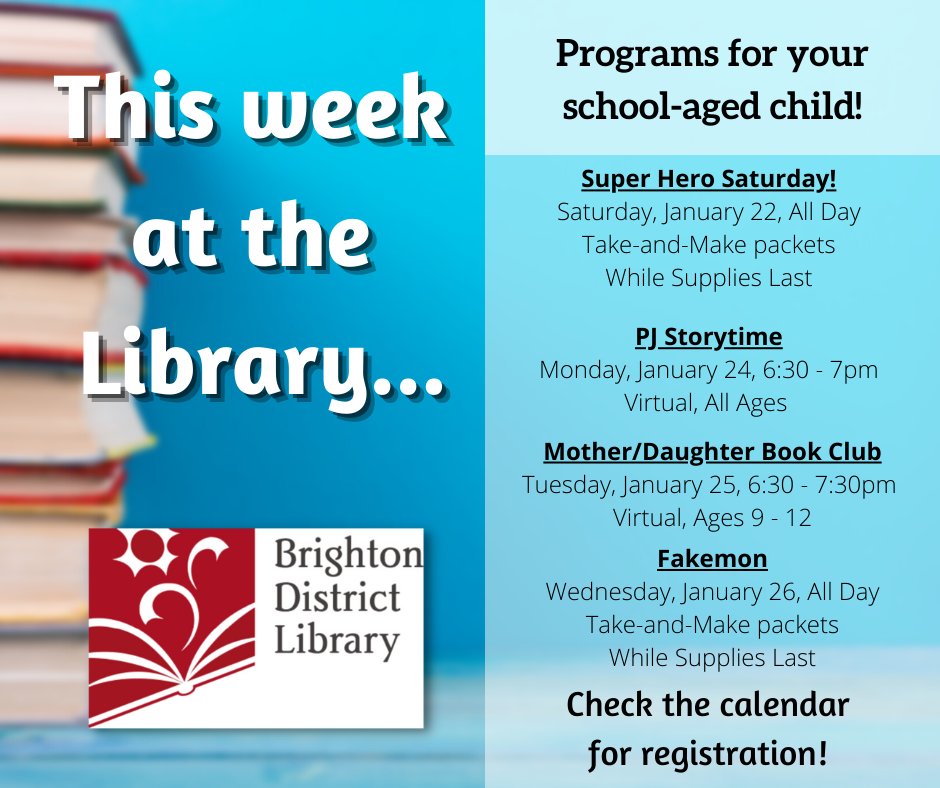 Check out all of the children's programming coming up for the next week!

To register for any of these programs, visit the calendar here:
bit.ly/3qLL5ND