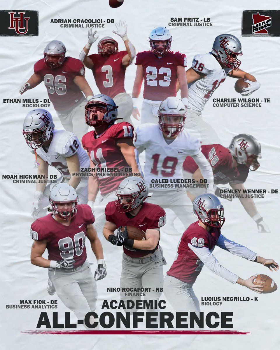 HamlineFootball's tweet photo. Congratulations to these 11 young men on earning Academic All-Conference honors! Record year for Hamline Football continuing a tradition of Elite Academics!

#ATS #goHU https://t.co/dcxf6lDt5c