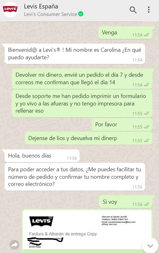 IreneMarchanteN's tweet photo. @levis_es No funciona teléfono atención al cliente Tel. Levi’s: 00800 53847 501. Quiero que me devuelvan el dinero una devolución. Soporte mail y whatsapp no ofrecen solución. Correos confirma que ha llegado el paquete. Que van a hacer al respecto?? Adjunto capturas de todo. https://t.co/PusjoSShyB