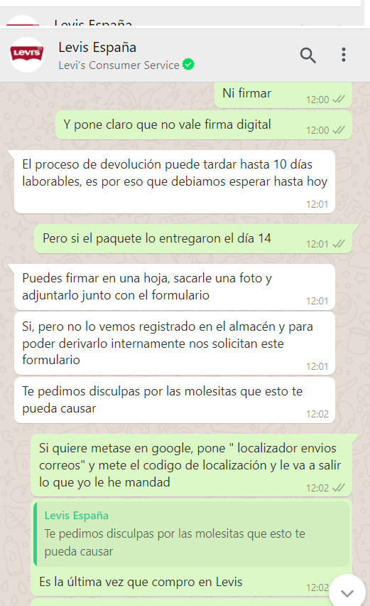 IreneMarchanteN's tweet photo. @levis_es No funciona teléfono atención al cliente Tel. Levi’s: 00800 53847 501. Quiero que me devuelvan el dinero una devolución. Soporte mail y whatsapp no ofrecen solución. Correos confirma que ha llegado el paquete. Que van a hacer al respecto?? Adjunto capturas de todo. https://t.co/PusjoSShyB