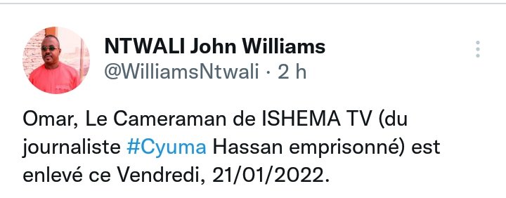mutikeys's tweet photo. Le caméraman d'#IshemaTV, dont le propriétaire, le journaliste #CyumaHassan, est arbitrairement détenu au #Rwanda, a été enlevé ce 21/01.

🆘
@ambafrancerwa @antoine_anfre @UKinRwanda @USAmbRwanda les violations de droits de l'Homme continuent et la CI laisse faire.
#HumanRights https://t.co/dN45OMWgUg