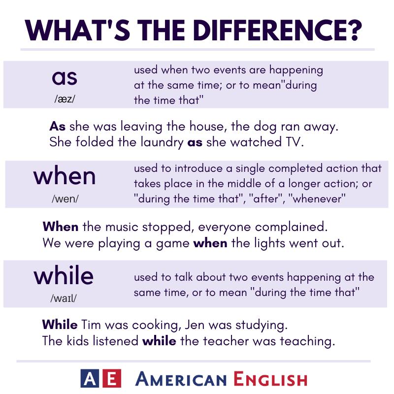 USEmbNicaragua's tweet image. Tips de inglés: ¿Cuál es la diferencia? Examinemos cuándo usar &apos;as&apos;, &apos;when&apos; y &apos;while&apos; en la gráfica #AmericanEnglish #LanguagePoint