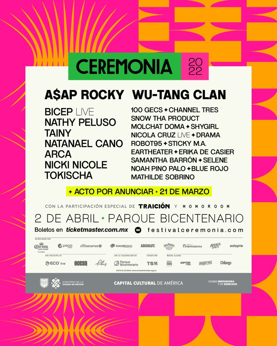 WU-TANG CLAN 👐 regresa a México para el <a href="/CeremoniaFest/">Festival Ceremonia</a> 🔥

•A$AP Rocky
•Nathy Peluso 
•Tainy 
•Natanael Cano 
•Nicki Nicole 
•Tokischa 

Y más invitados de lujo 👌🏽

2 de abril, Parque Bicentenario 🇲🇽