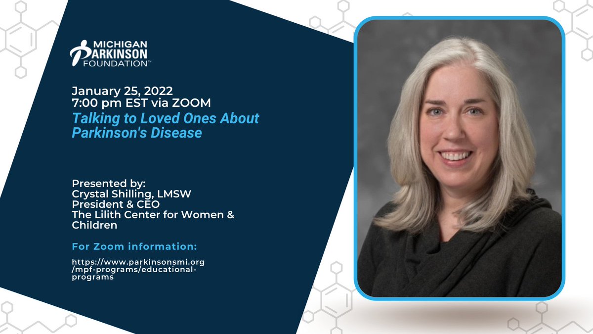 Join us next Tuesday at 7:00pm via ZOOM with Crystal Shilling parkinsonsmi.org/mpf-programs/e… #Parkinsons #Parkinsonsdisease