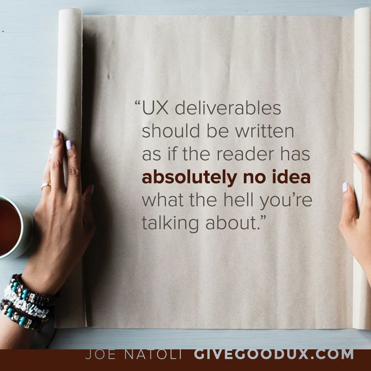 joenatoli's tweet photo. Look, I certainly know all those big words, acronyms, and terms we all use to describe #UX work — but I do not EVER use them with clients.
As in NEVER.
Hell, I don't even use the term "UX" if I can help it.
Here's why: https://t.co/VmbOQlU9EJ
#uxdesign #productdesign https://t.co/YoXrVd3hoh