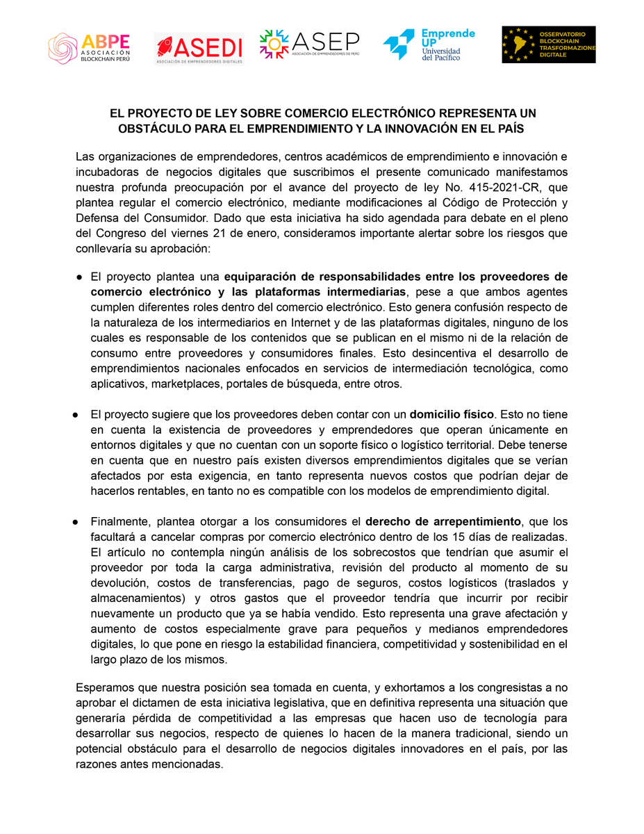 ASEDIPeru's tweet photo. Nos suscribimos al cuestionamiento del proyecto de Ley sobre comercio electrónico.
#comercioelectronic #startups #ecommerce #negociosdigitales https://t.co/NPyGvnaNeg