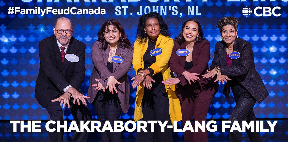 FamilyFeudCa's tweet photo. Tonight on a NEW EPISODE of Family Feud Canada, the Chakraborty-Lang family tries to bank another $10,000 as they face the Bobbitt family 

📺 Watch Family Feud Canada every Mon-Thurs 7:30 (8NT) on CBC, hosted by Gerry Dee. https://t.co/BLgIWdXi6y