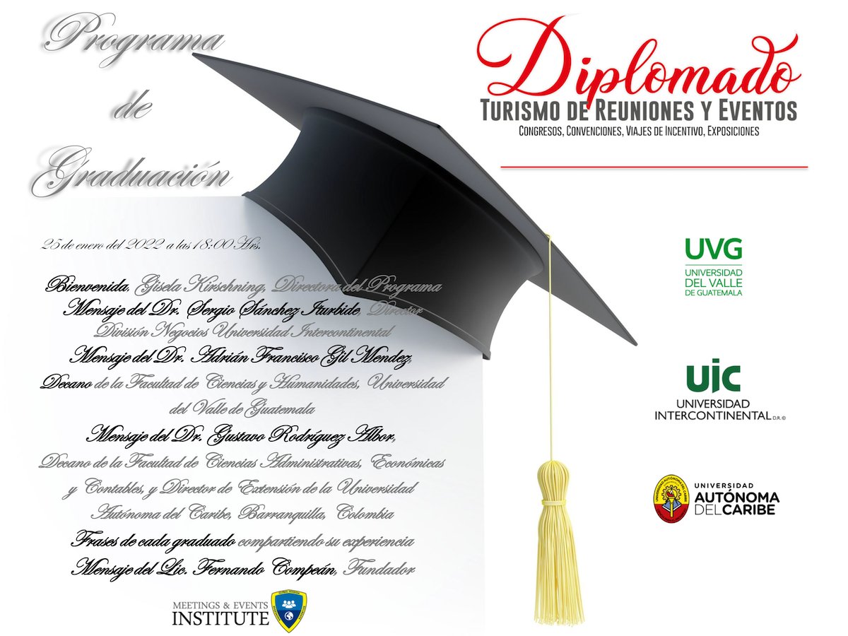 Miren la invitación de la graduación para la 7a. generación de Diplomados en Turismo de Reuniones. Leyeron 5 libros y artículos, vieron horas de videos, aprobaron exámenes, hicieron trabajos colaborativos con método del caso y mucho más exitosamente, felicitaciones !
