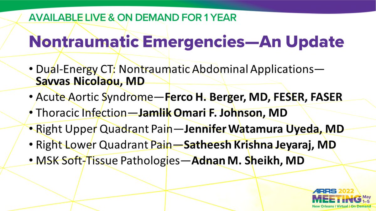 This course at #ARRS22 will provide comprehensive instruction on appropriate indications and protocols for imaging in emergency settings, helping participants understand and accurately diagnose various pitfalls and mimics.

www2.arrs.org/am22/featured-…