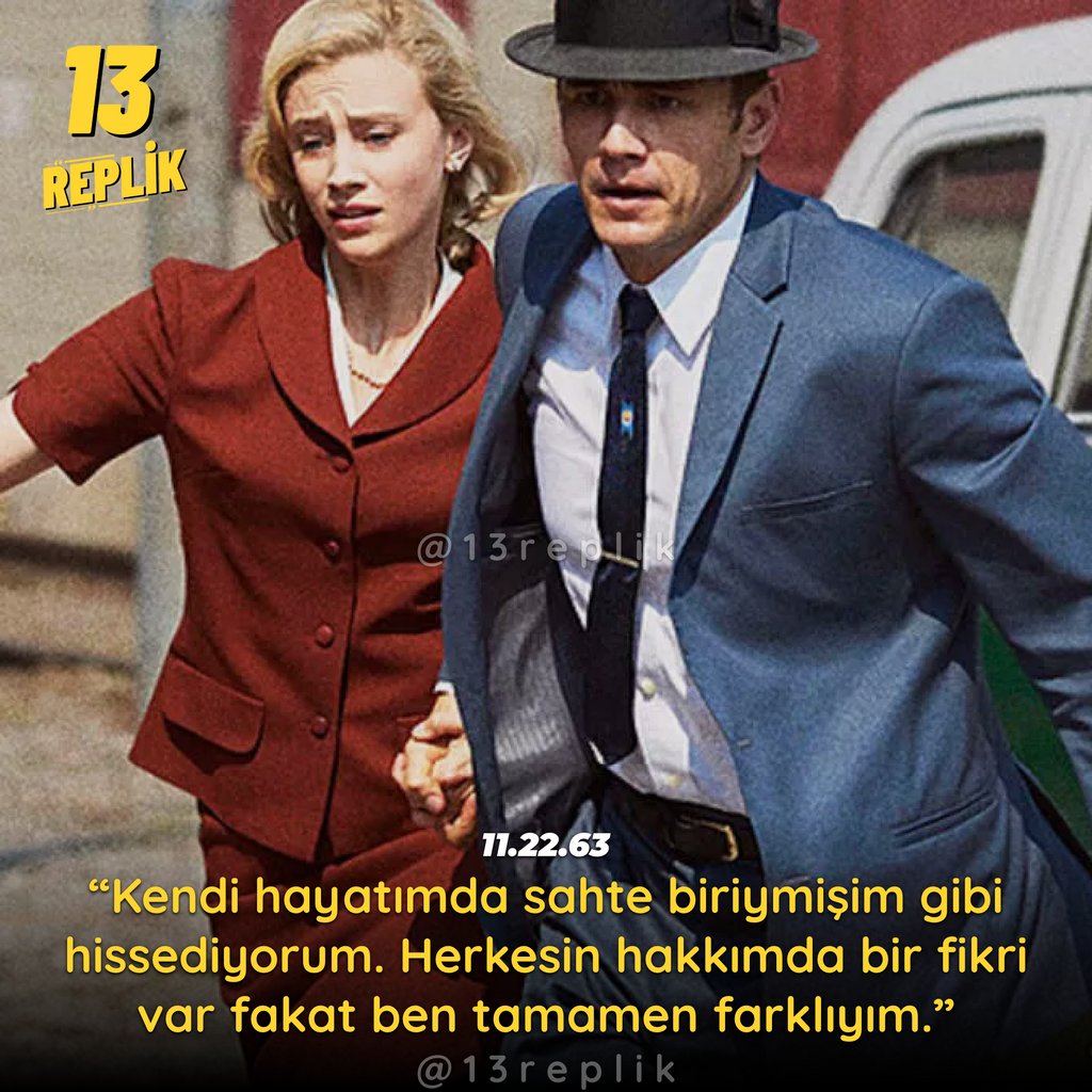 13Replik's tweet photo. 11.22.63 🎬
"Kendi hayatımda sahte biriymişim gibi hissediyorum. Herkesin hakkımda bir fikri var fakat ben tamamen farklıyım." #JamesFranco #JakeEpping #13Replik https://t.co/6CBSsOxZJH