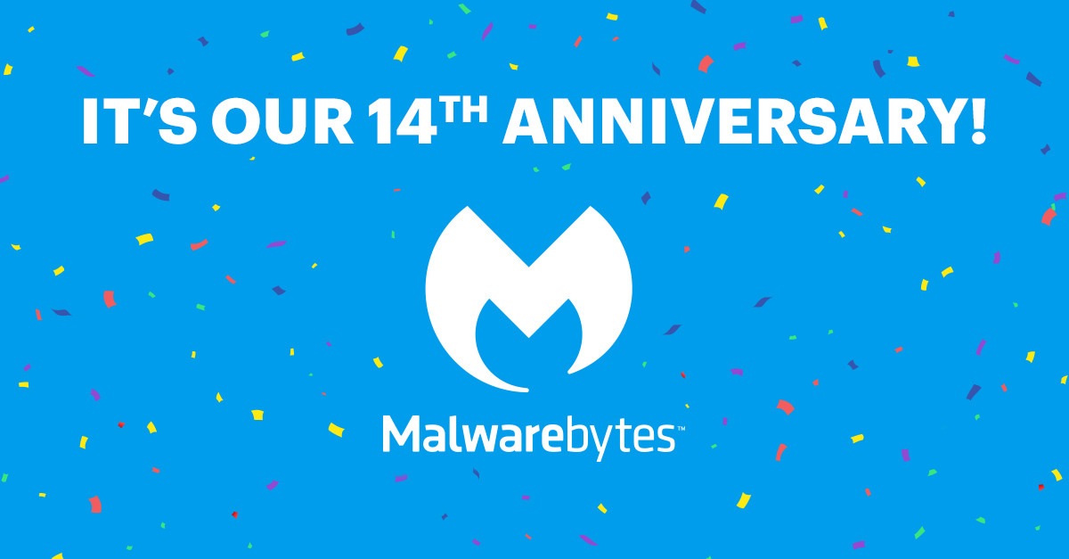 Malwarebytes's tweet photo. We're celebrating 14 years of bringing #cyberprotection to every one. ๐ฅณ Our team has relentlessly committed to bringing effective, intuitive, and inclusive solutions to the people, families, and businesses of all kinds. Thanks for helping us make this possible! ๐๐ #byteslyfe https://t.co/uMvTqy5QAy