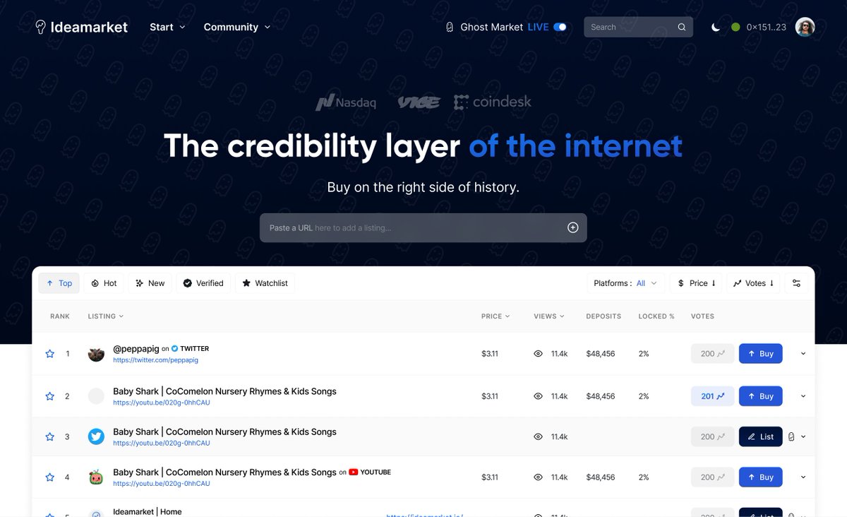 ideamarket_io's tweet image. HOW IDEAMARKET WORKS 🧵

First, there&apos;s a market for ranking any URL on the internet.

Think of it like &quot;marketized Reddit.&quot;

The URL market is where the world&apos;s information competes to be valuable.