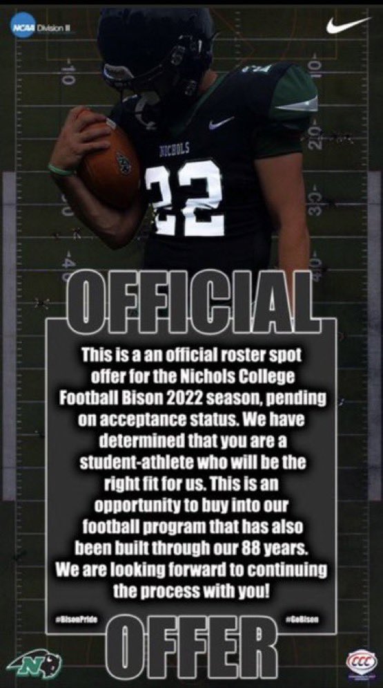 Brandon2Bulerin's tweet photo. After having a great conversation with @olmsted_dale I am blessed to have received an offer from Nichols College🟢⚪️ @SLStormFootball @MichaelSprauld3 https://t.co/ywMFmi4PCd