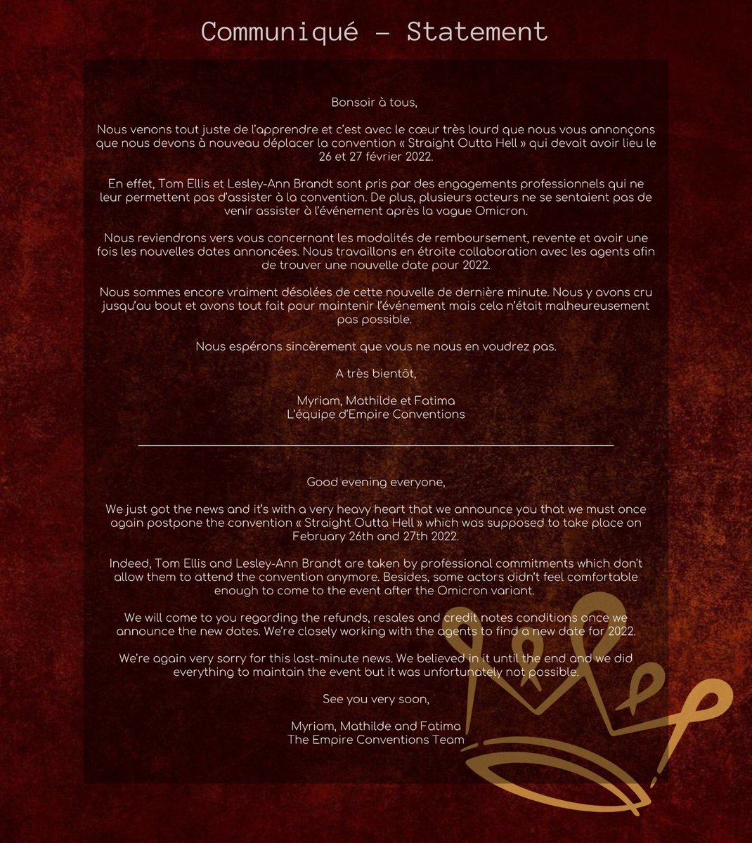 EmpireConv's tweet image. #SOHC: La convention Lucifer du 26&amp;amp;27 Février 2022 est reportée ultérieurement, plus d’infos vous seront données dans les prochaines semaines ! // The 26&amp;amp;27 February 2022 Lucifer convention is postponed to later this year, more info will be given in the next few weeks!