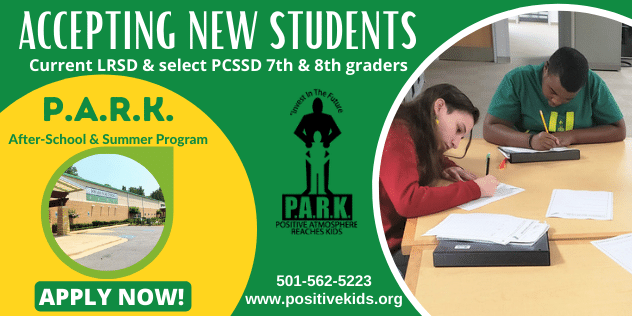 LRPARKids's tweet photo. P.A.R.K. is NOW accepting applications for 2022-2023 school year.  Students must be in the LRSD or specific Pulaski County School District schools and entering the 8th or 9th grades this coming fall. https://t.co/NHz2AkdKzj