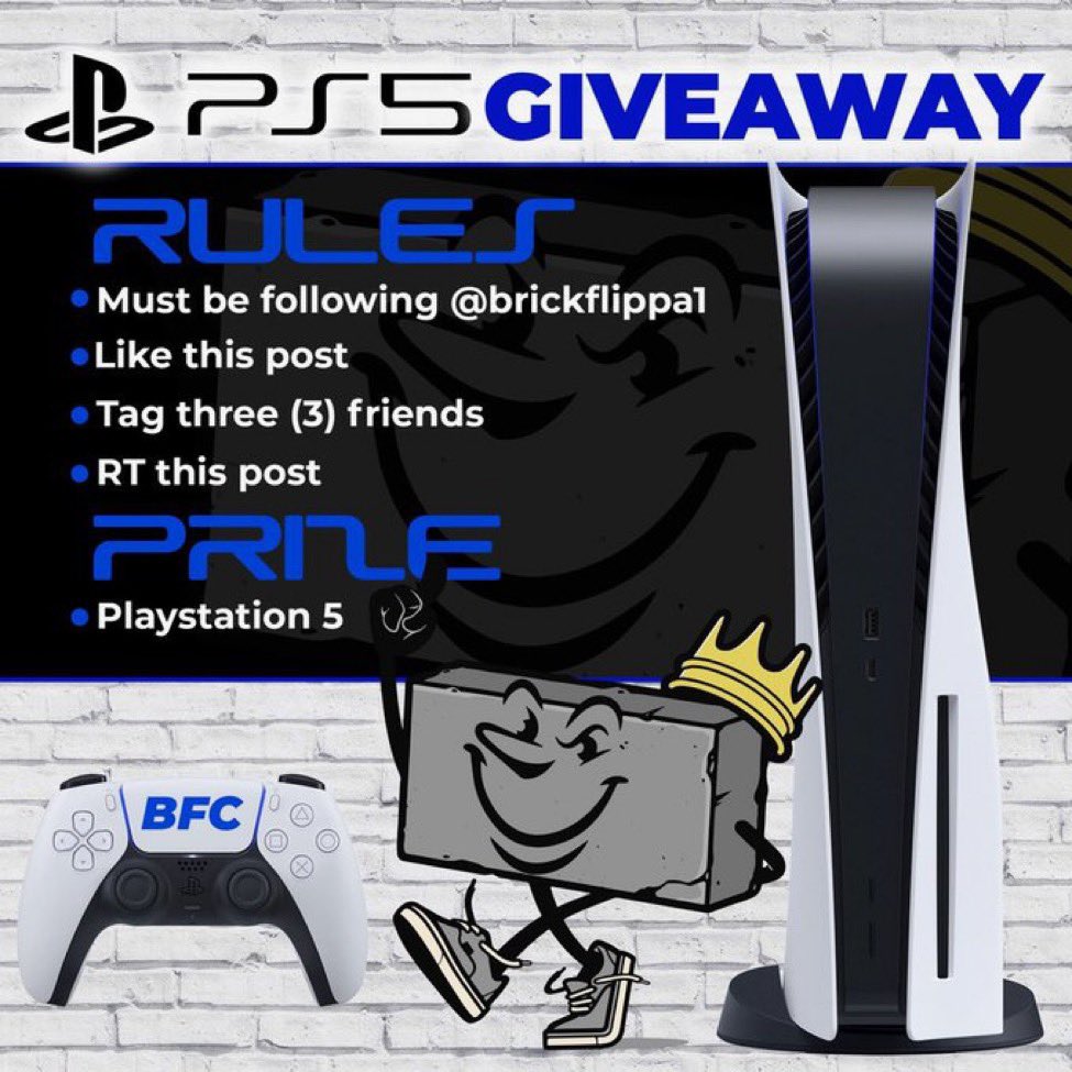 brickflippa1's tweet photo. 🚨 BFC PS5 GIVEAWAY 🚨

Prize: 1x Sony PlayStation 5 (Disc Edition) 🕹 

Rules: 
-Must be following 🧱 
-Like ♥️ 
-RT ♻️ 
-Tag three friends 🌐

Winner will be selected Monday, January 24th 🏆 https://t.co/43WuRwhjBT