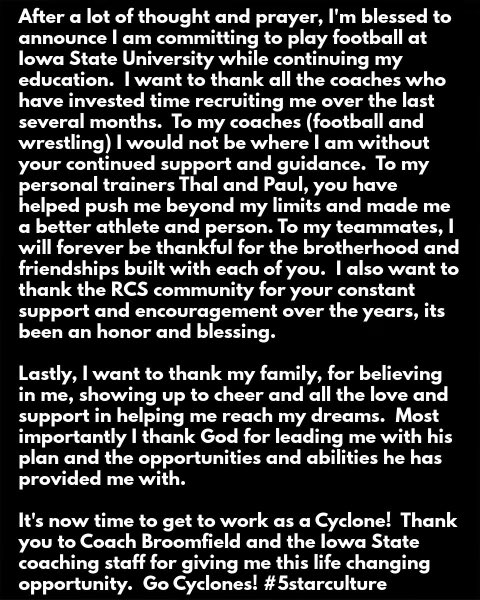 100% Committed!! #Cyclones🌪🌪 
<a href="/Coach_Broom/">Deon Broomfield</a> <a href="/DerekHoodjer/">Derek Hoodjer</a> <a href="/Coach_Heacock/">JON HEACOCK</a> <a href="/CycloneFB/">Iowa State Football</a> <a href="/Athletics_RCHS/">RCHS Athletics</a>