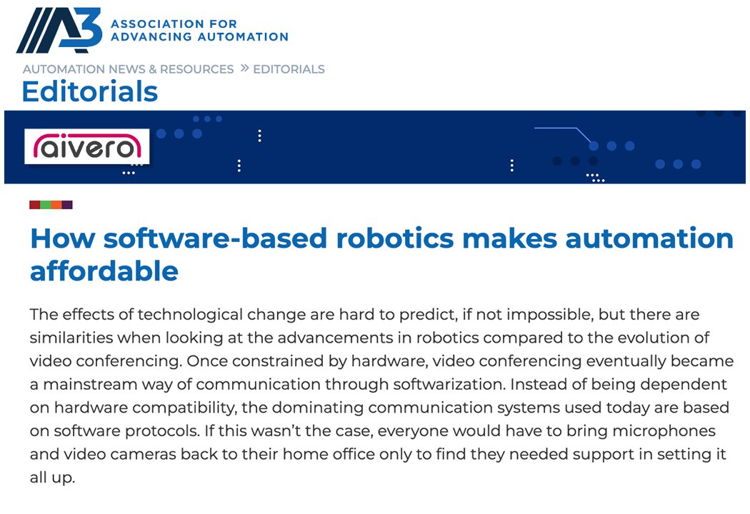A3Robotics's tweet image. Learn how @Aivero3DQ enables a software-based approach to robot control, making it accessible, affordable and easy-to-use by simply clicking a link. An A3 member editorial. > hubs.la/Q012wfdj0
#A3membereditorial #softwarization #intelligentrobots #ROI
