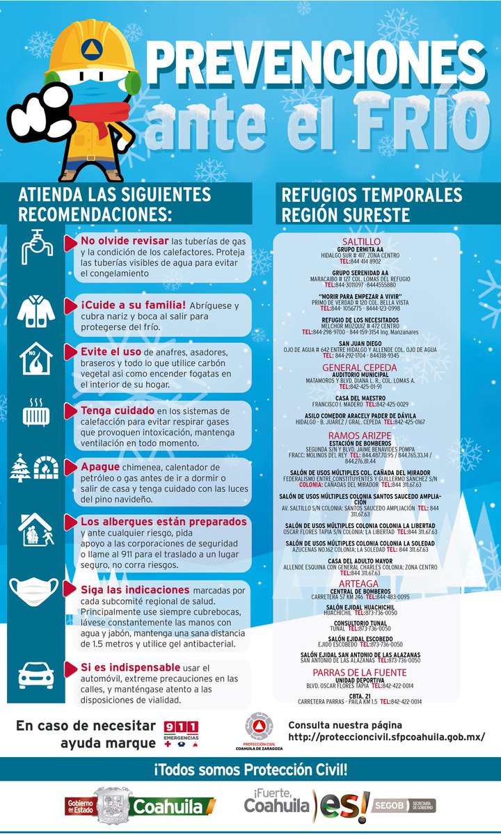 Debido al pronostico de bajas temperaturas que se preve para #Coahuila, ubica el refugio temporal más cercano, en caso de cualquier contingencia; ante cualquier emergencia llama al 911 #EmergenciasCoahuila