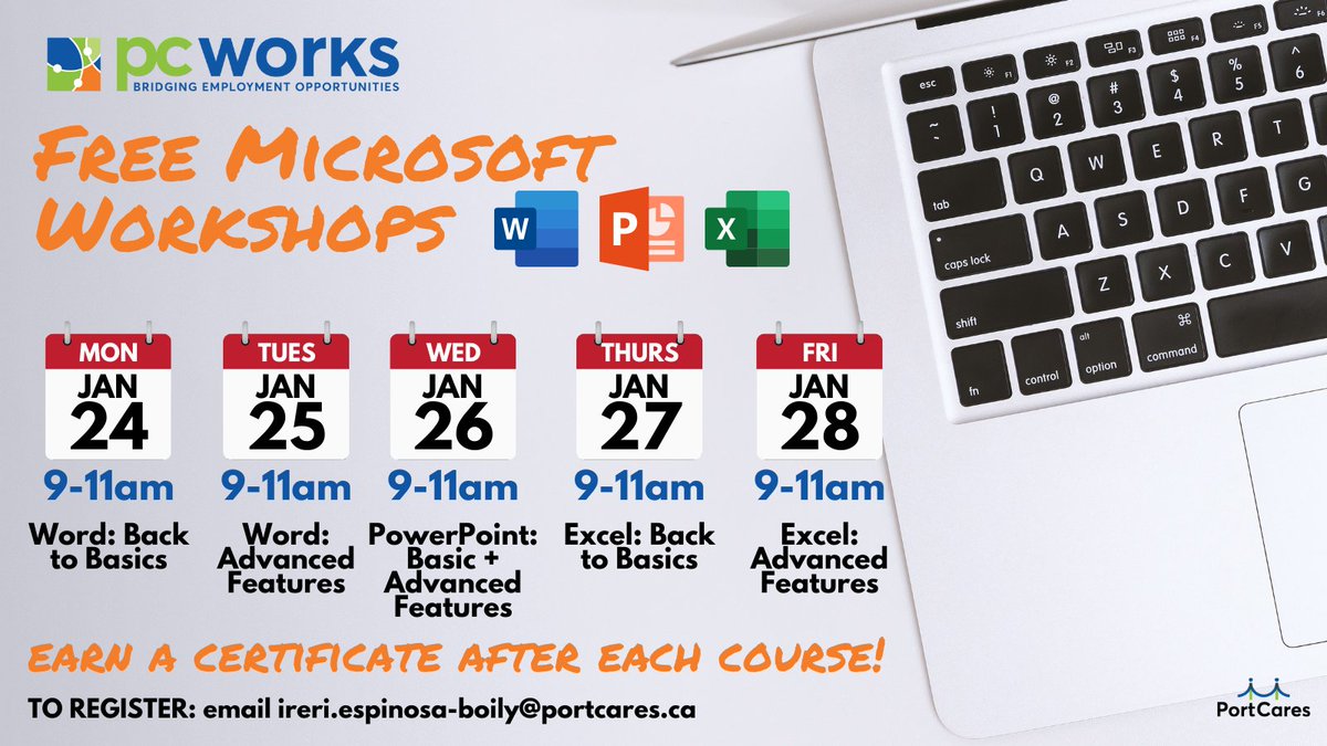 PCWorksEmploy's tweet photo. Looking to learn how to use Microsoft programs or enhance the skills you have? Weβre here to help. Join us for virtual workshops next week to earn a certificate after completion. All courses are FREE! To register, please email ireri.espinosa-boily@portcares.ca #pcworksemployment https://t.co/MDALlWHsJ9