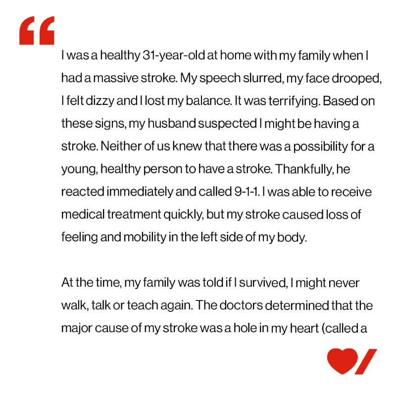 HeartandStroke's tweet photo. “At the time, my family was told if I survived, I might never walk, talk or teach again.” Meet @RachEverett, she is a teacher and leads Jump Rope for Heart at her school, she is working to #BeatStroke. Swipe to read her story.
@postscorners 
#HeartandStrokeBeatAsOne