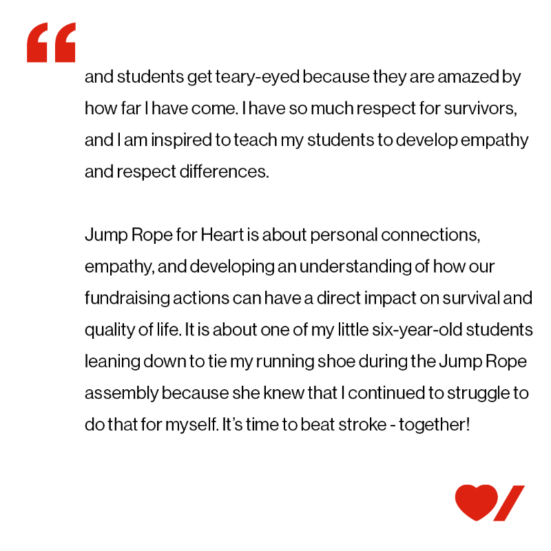 HeartandStroke's tweet photo. “At the time, my family was told if I survived, I might never walk, talk or teach again.” Meet @RachEverett, she is a teacher and leads Jump Rope for Heart at her school, she is working to #BeatStroke. Swipe to read her story.
@postscorners 
#HeartandStrokeBeatAsOne