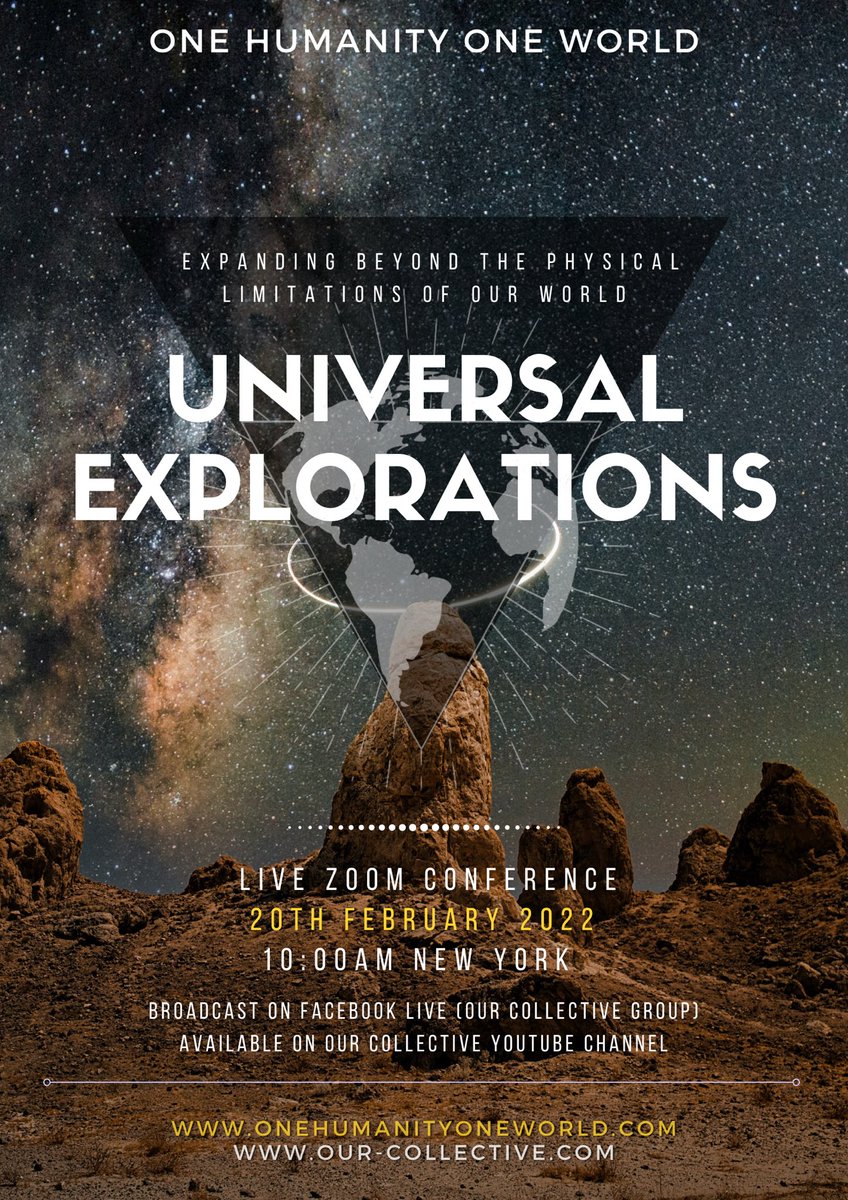 OHOW CONFERENCE - UNIVERSAL EXPLORATIONS - Sunday 20th February 2022

Exploring the #InnerSpirit &amp; #OuterSpace we will be able to reach higher planes of existence by evolving into advanced species. Today we talk about #WorldPeace, in the Morrows we will talk about #UniversalPeace